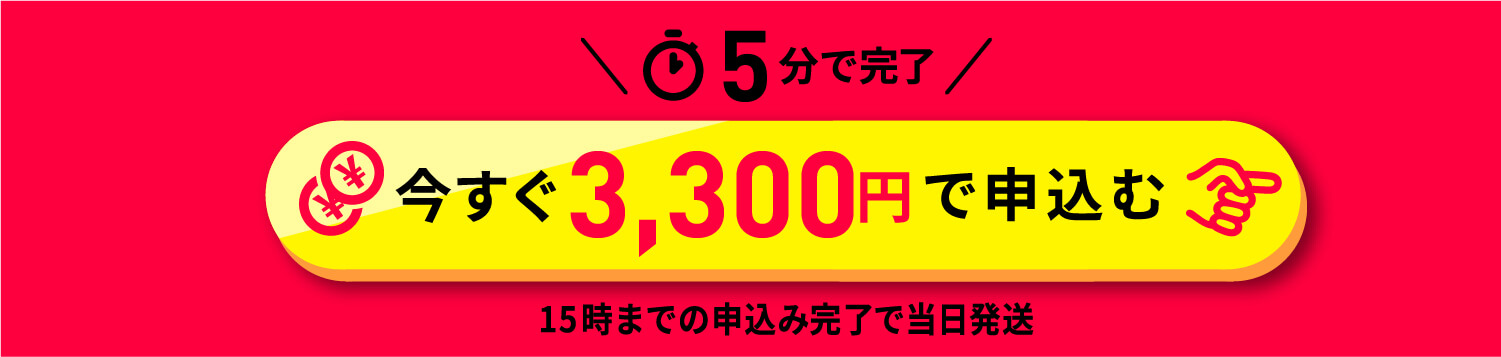 5分で完了 今すぐ3,300円で申込む 15時までの申込み完了で当日発送